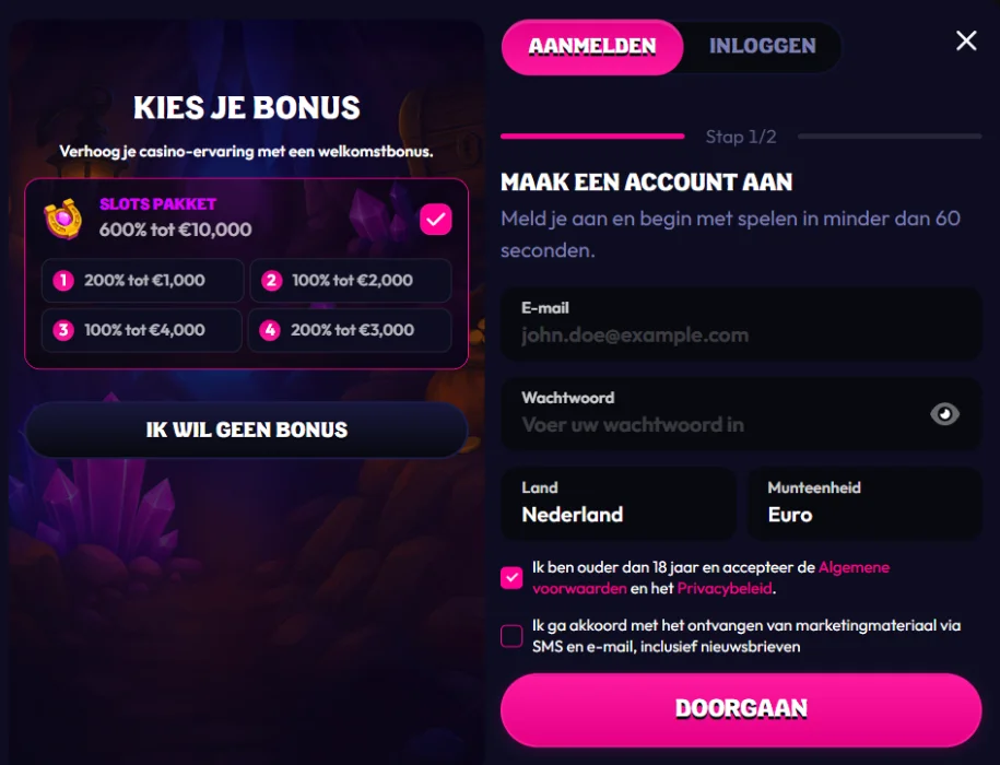 Slots Eater Casino Registratie en Bonusaanbod Slots Eater Casino registratieformulier met welkomstbonus en accountaanmaak